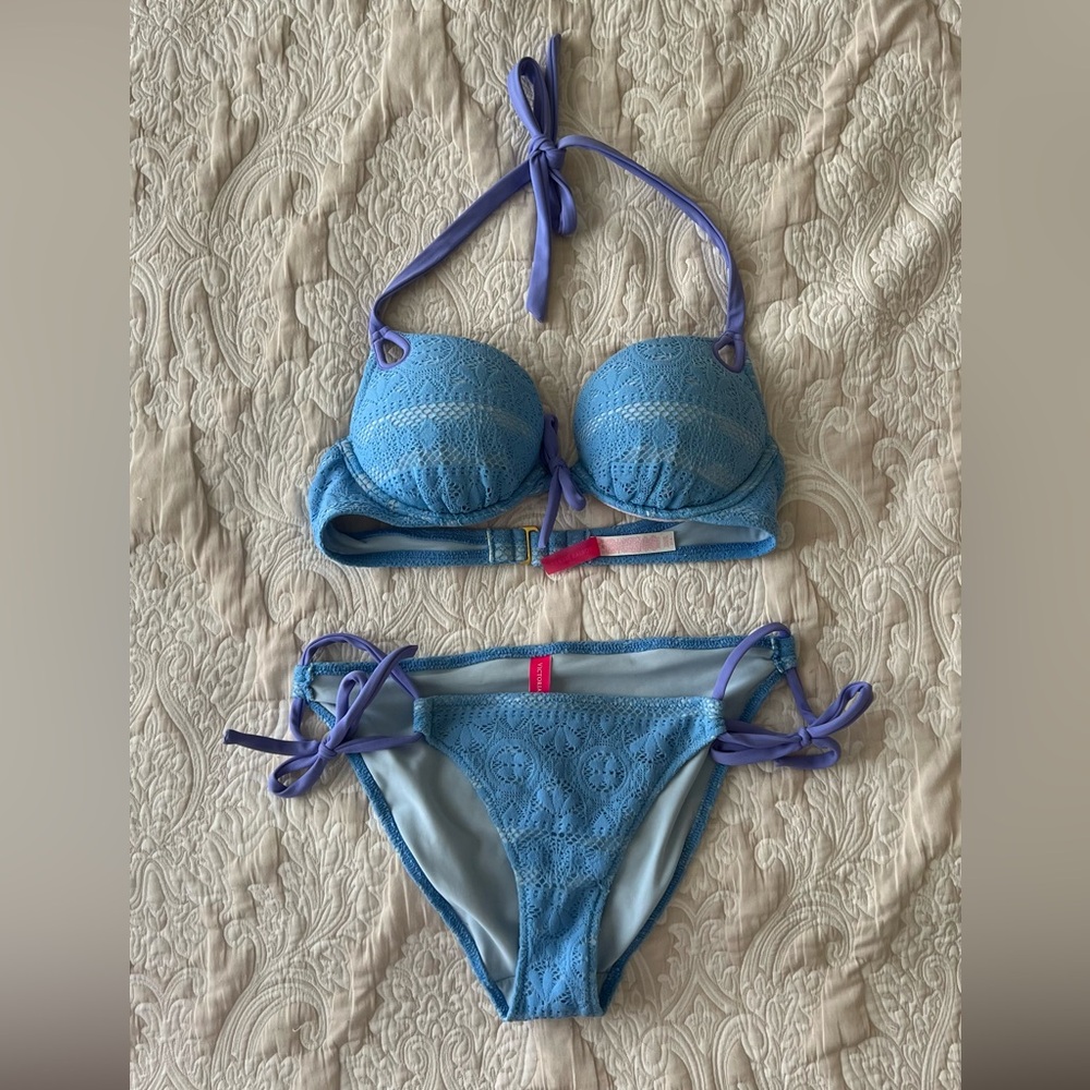 Victoria’s Secret 32A Bombshell Push Up Add 2 Cup Lace Bikini Top & Bottoms S